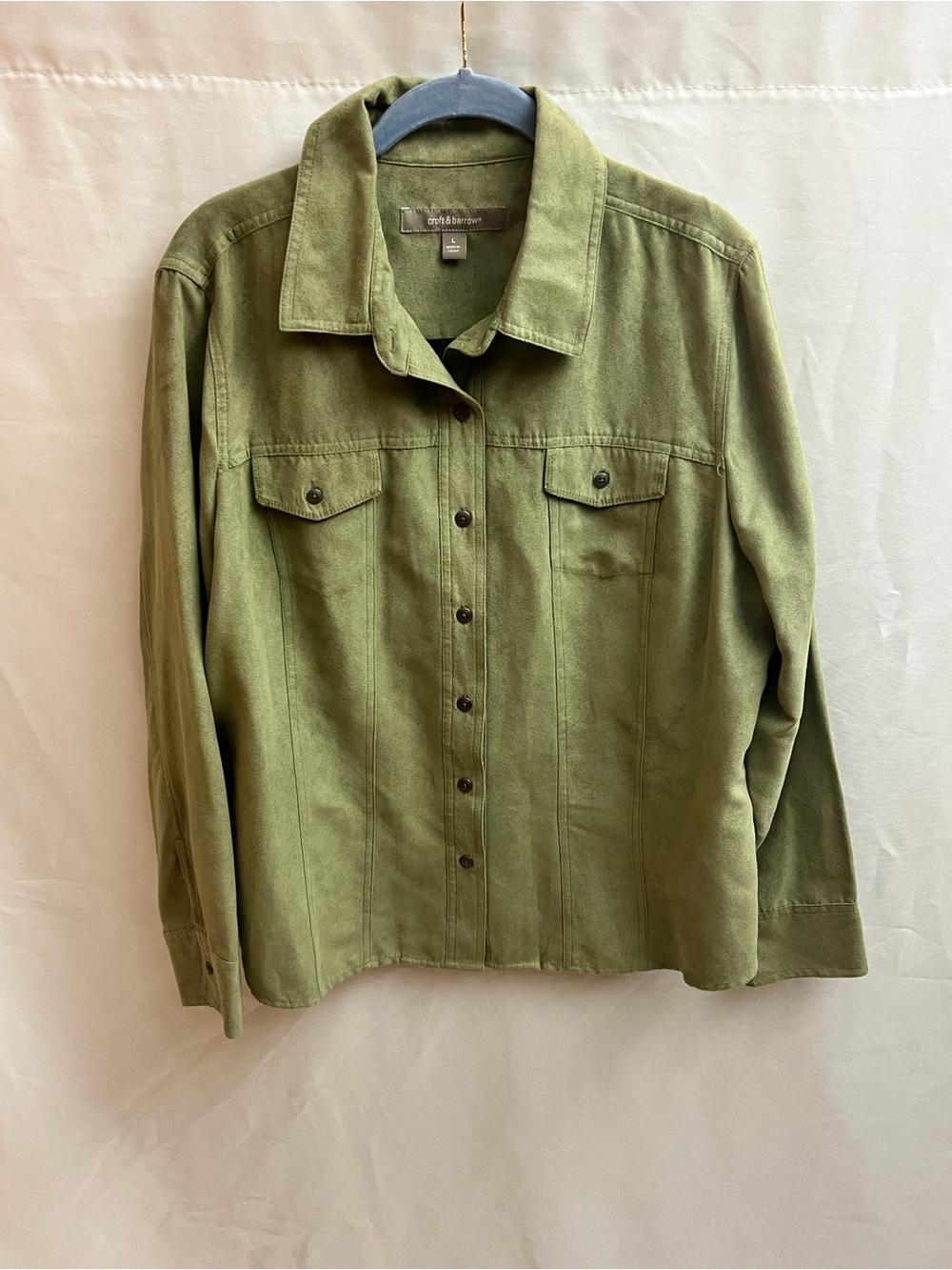 Croft & Barrow Womens Large Olive Green Faux Suede Button Front Shirt Jacket